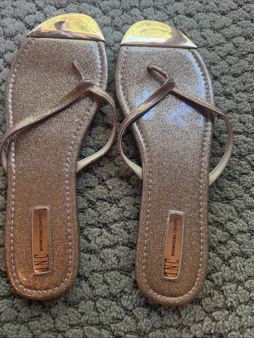 INC International Concepts Bronze Glitter Thong Sandals with Gold Toe Caps